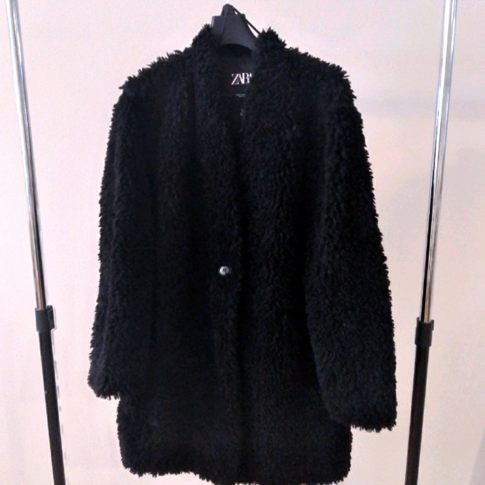 Zara Black Mid-thigh Length Teddy Coat